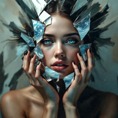The primary subject of the image is a woman with blue eyes and a unique hairstyle. She is wearing a headpiece made of mirrors, giving her a distinctive and artistic appearance. The setting is a room with a wall that features a painting, adding to the overall atmosphere of the scene. The visual style of the image is a combination of photo and digital art, creating a striking and eye-catching portrait. The colors and mood of the image are predominantly dark and moody, with the blue eyes